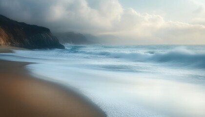 Fototapeta premium Tranquil Coastal Landscape with Misty Clouds and Rolling Waves