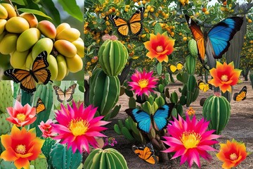 Vibrant Mango Orchard Featuring Morpho Butterflies and Colorful Cactus Flowers in Stunning Fabric Collages