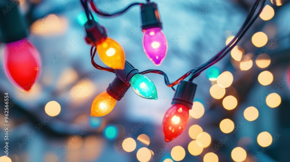 Sticker Colorful String Lights Against a Blurry Blue Background