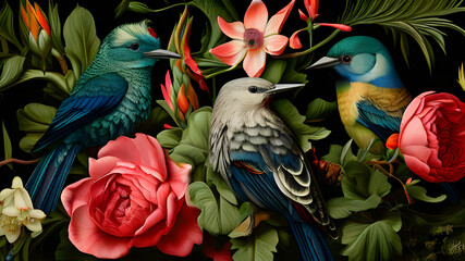 Intricate floral design to realistic birds portrait.