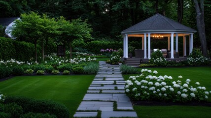 A beautifully landscaped garden featuring a charming gazebo surrounded by lush greenery and vibrant flowers, perfect for relaxation.