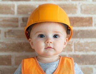 Cute baby in construction worker safety helmet