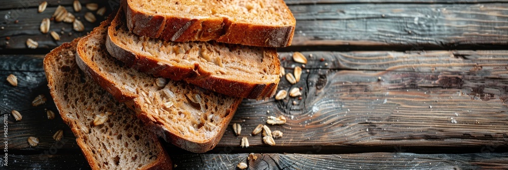 Wall mural Aerial perspective of multiple slices of whole grain bread arranged on a wooden surface.