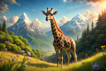 Obraz premium Giraffe Standing in a Mountainous Meadow