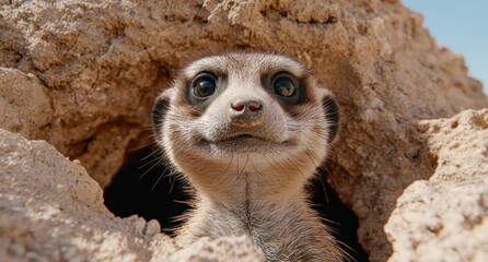 Obraz premium curious meerkat peeking out from burrow