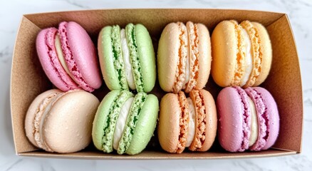 Assortment of colorful macarons on a marble background
