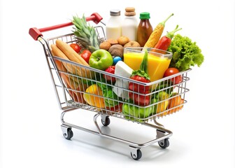 A colorful, wireframe shopping cart icon filled with assorted groceries and essentials, set against a clean white background, symbolizing online purchasing and e-commerce.