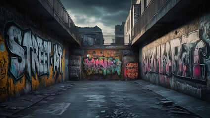 background photo of small alley in the middle of city building wall with graffiti mural image and black cloudy background