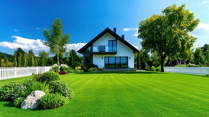 Beautiful modern house with large windows surrounded by lush green lawn and vibrant garden under a clear blue sky.