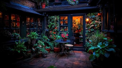 Naklejka premium Charming garden patio with lush greenery, vibrant flowers, and a cozy table, illuminated by warm light, inviting relaxation.