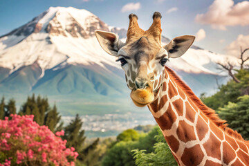 Obraz premium Giraffe Portrait with Mountainous Landscape in the Background