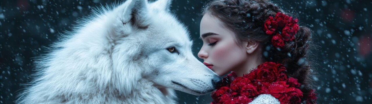 winter romance with wolf and woman