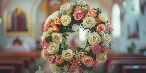 Contemporary rose-adorned wreath on a wedding altar in a sacred venue for a matrimonial ceremony Elegant floral headpiece for the bride and groom