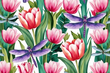 Obraz premium Vibrant Floral Pattern Featuring Tulips and Dragonflies in Watercolor