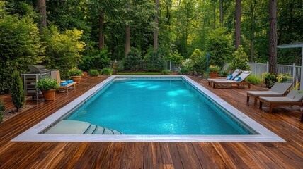 Serene backyard pool surrounded by vibrant greenery and wooden deck, perfect for relaxation and summer enjoyment.