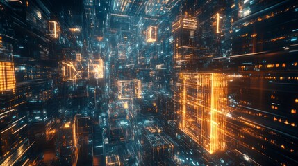 Abstract Digital Cityscape with Glowing Lines and Orange Lights