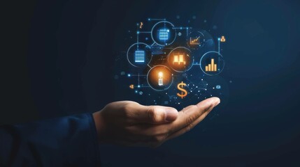 Businessman holding an asset management icon with tech symbols, highlighting financial insights, strategic planning, risk assessment, and portfolio optimization.

