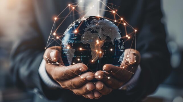 Businessman holding a global business globe connected to asset tracking systems, financial investments, and portfolio optimization tools.

