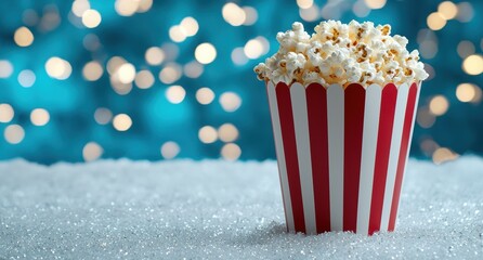 Popcorn in a striped box on a snowy background with bokeh lights
