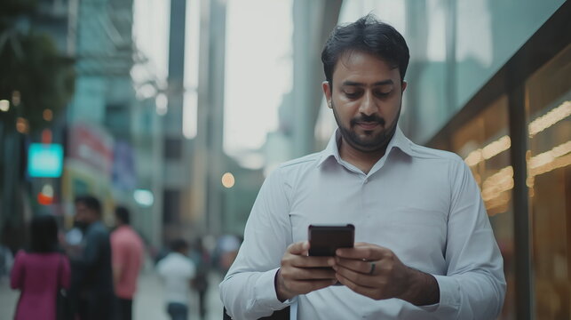 An Indian male businessman using his smartphone on a busy city street.