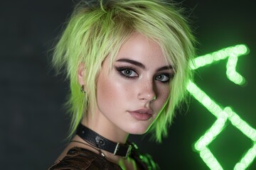 Vibrant neon portrait of a young person with striking green hair