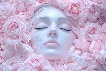 serene woman's face surrounded by pink rose petals