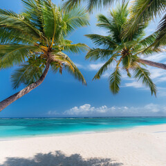 A tropical beach with palm trees and white sand