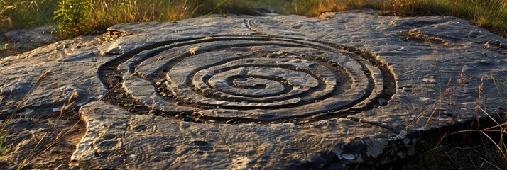 Naklejka premium Discovering a Unique Symbol in the Field An intricate glyph adorns the earth, its captivating patterns and mysterious design capturing your attention.