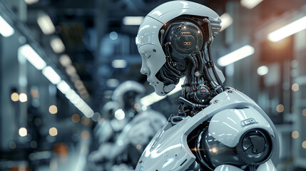 Fototapeta premium Futuristic Robots in Manufacturing Line. A row of advanced humanoid robots poised in a modern manufacturing facility, showcasing cutting-edge technology and design.