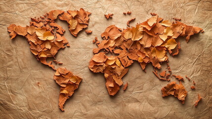 World map image composed of brown fallen leaves or maple leaves on beige crumpled paper. Fall, autumn concept background.