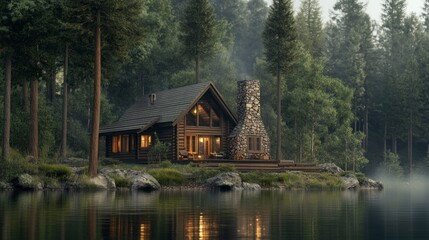 Fototapeta premium Secluded Cabin by the Lake