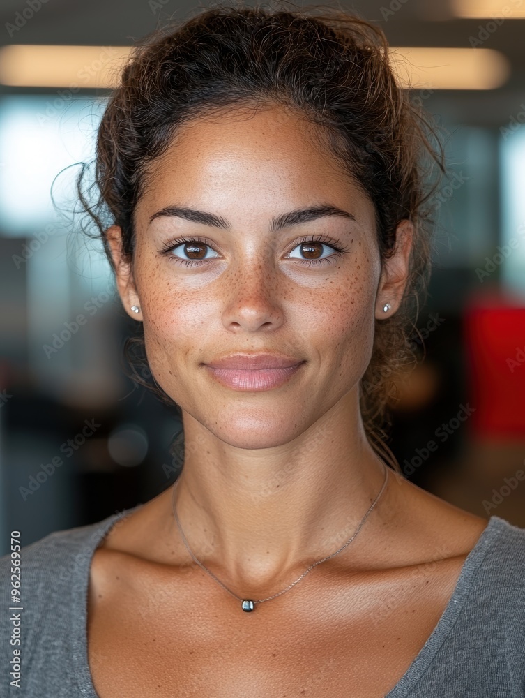 Poster Closeup portrait of a young woman with natural makeup and curly hair