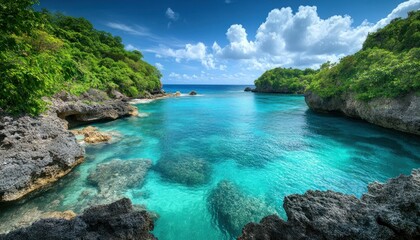 Fototapeta premium Turquoise Lagoon Between Lush Green Cliffs