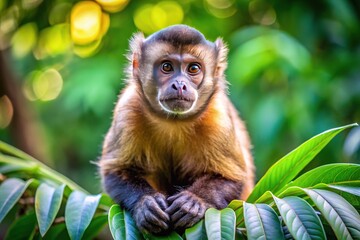 Fototapeta premium A curious brown Capuchin monkey with bright inquisitive eyes and fur fluffed up, sits on a tree branch amidst lush green foliage, looking playful.