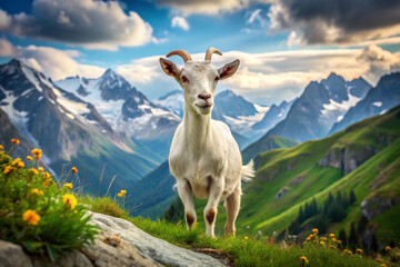 Obraz premium White Goat Standing on Mountainside with Snow-Capped Peaks in the Background