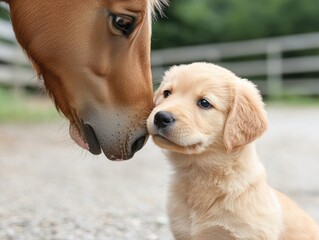 a curious puppy looking up at a horse