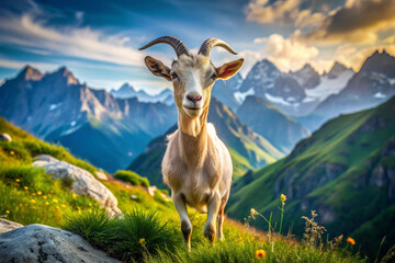 Obraz premium A Goat Standing on a Mountainside with a View of a Mountain Range