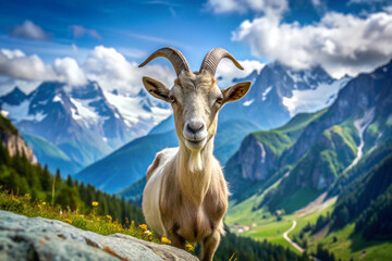 Obraz premium A Curious Goat Standing in Front of a Mountainous Landscape