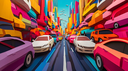 A busy Bangkok city street, packed with cars in a traffic jam, vivid colors and minimal paper cut craft style,.vibrant paper cut craft buildings, cars lined up, all in a minimal and colorful aesthetic