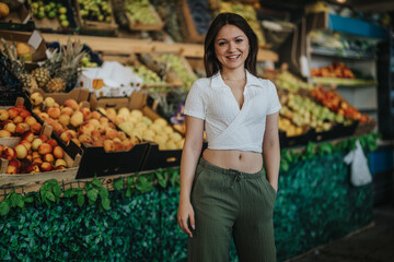 A cheerful woman standing at a greengrocer's stand, surrounded by a variety of fresh fruits and vegetables. She's enjoying shopping at the local market.