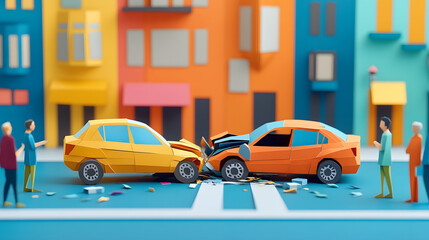 Car accident scene with two cars and people discussing the event, depicted in a vivid and minimal paper cut craft style with bright colors.