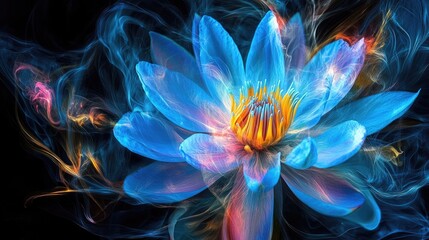 Stunning waterlily bloom with swirling bursts of blue, yellow, and pink hues, creating a dynamic scene on a dramatic black background