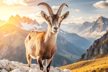 Fototapeta premium A Mountain Goat Stands on a Rocky Ridge