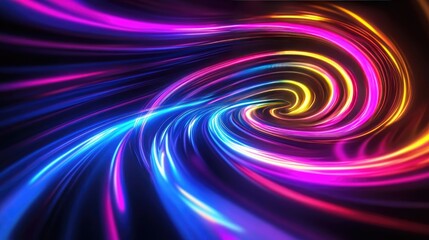 Fototapeta premium Vibrant spiral neon light rays representing the speed of light in the galaxy, with blue, pink, yellow, and purple glow on black
