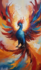Obraz premium Abstract painting of a phoenix rising from flames with bold brushstrokes, rich colors, and dynamic textures. The composition uses large, expressive strokes in an oil painting style, with a focus on re
