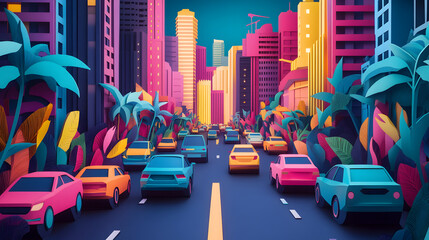 A busy Bangkok city street, packed with cars in a traffic jam, vivid colors and minimal paper cut craft style,.vibrant paper cut craft buildings, cars lined up, all in a minimal and colorful aesthetic