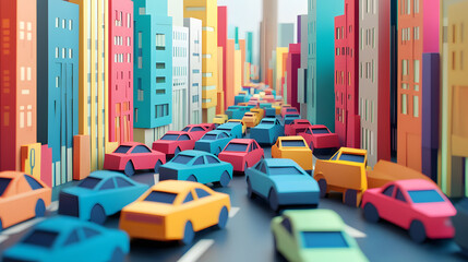 A busy Bangkok city street, packed with cars in a traffic jam, vivid colors and minimal paper cut craft style,.vibrant paper cut craft buildings, cars lined up, all in a minimal and colorful aesthetic