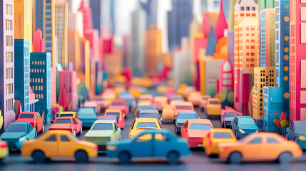 A busy Bangkok city street, packed with cars in a traffic jam, vivid colors and minimal paper cut craft style,.vibrant paper cut craft buildings, cars lined up, all in a minimal and colorful aesthetic