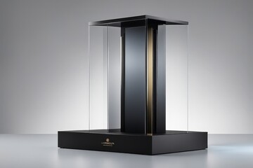 A black and gold display case with a glass top, showcasing a product on a black base.