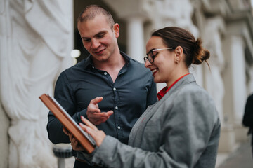 Young business entrepreneurs having an outdoor meeting and discussing business ideas with smiles and enthusiasm.